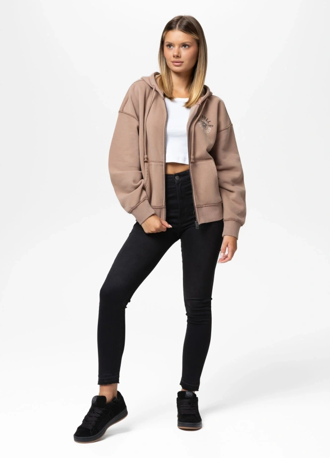 Bluza damska rozpinana z kapturem Pitbull Washed Skull Surf brązowa