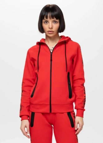 Bluza damska rozpinana z kapturem Pitbull Explory Tape fluo czerwona