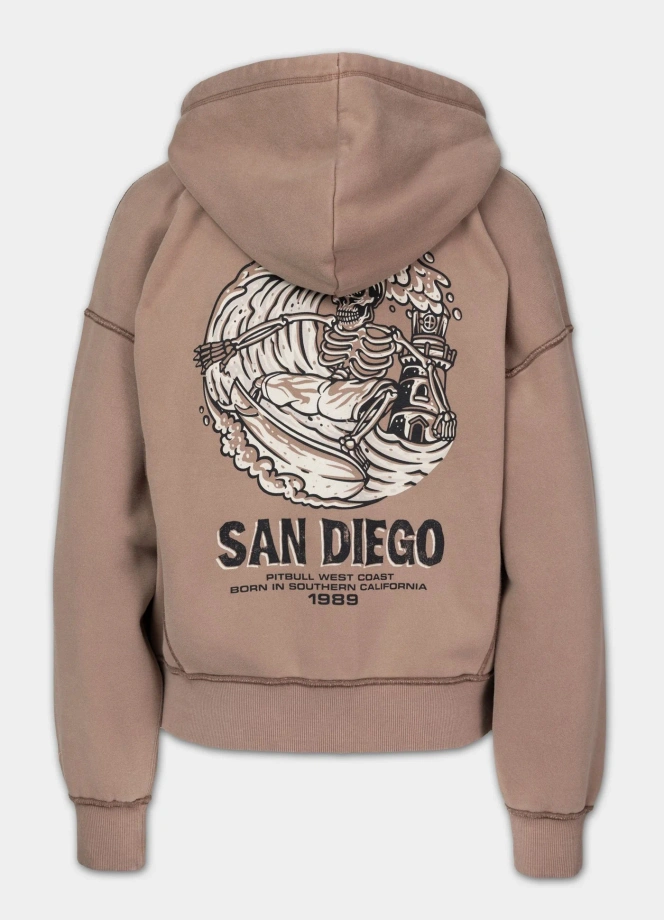 Bluza damska rozpinana z kapturem Pitbull Washed Skull Surf brązowa