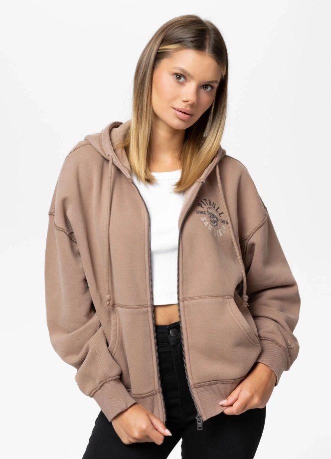 Bluza damska rozpinana z kapturem Pitbull Washed Skull Surf brązowa
