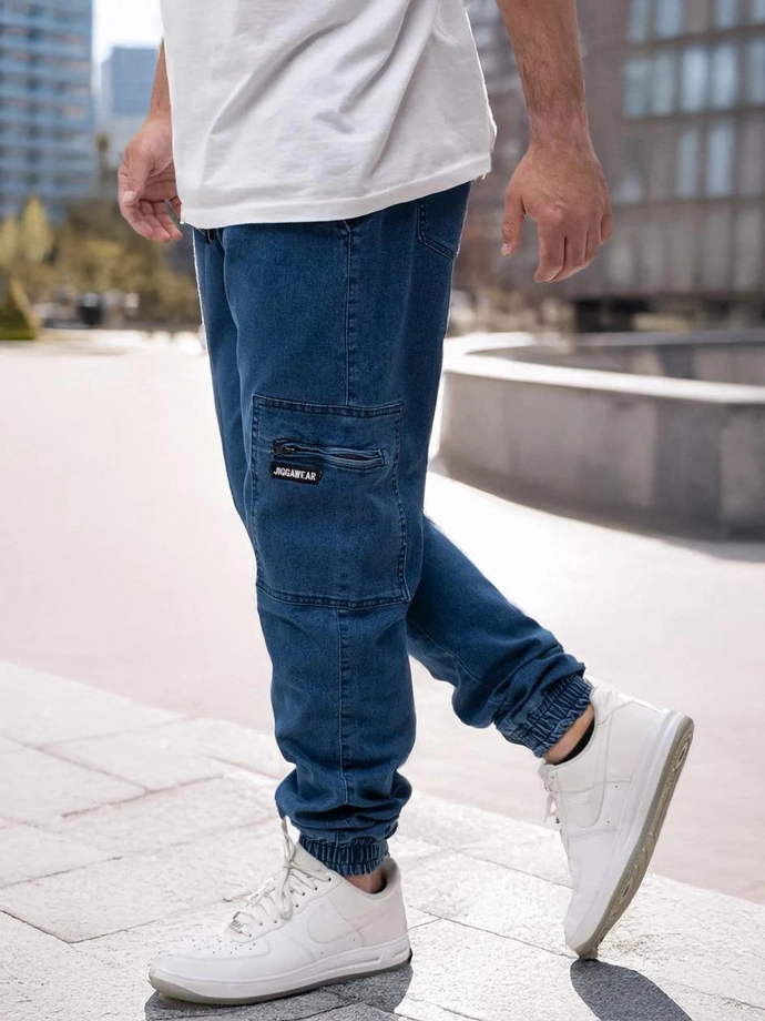 Spodnie męskie Jeans Jogger Bojówki Jigga Wear Stripe Zip Cargo niebieskie