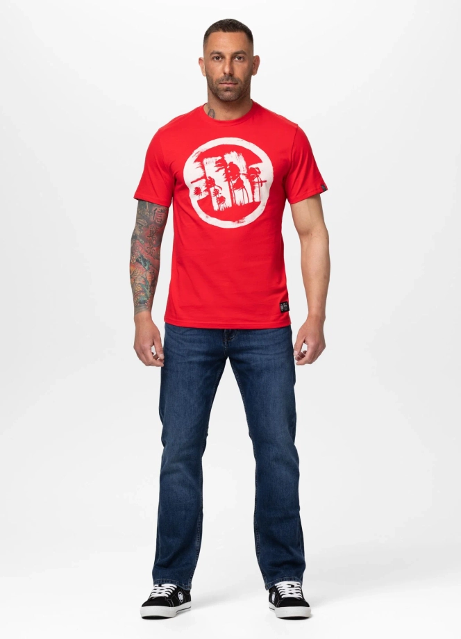 Koszulka męska T-Shirt Pitbull Logo Palms fluo czerwona