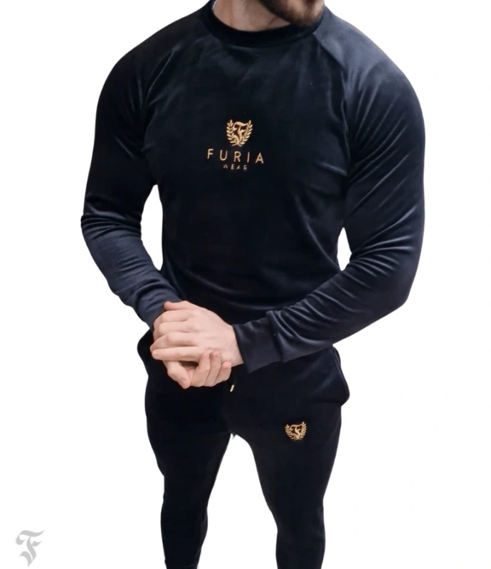 Komplet dresowy welurowy męski Furia Złote Logo Elite czarny