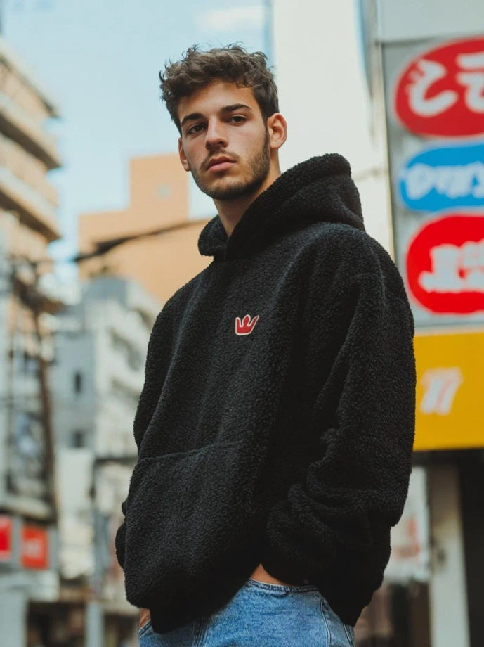 Bluza męska z kapturem Sherpa oversize Jigga Wear Teddy Simple Crown czarna