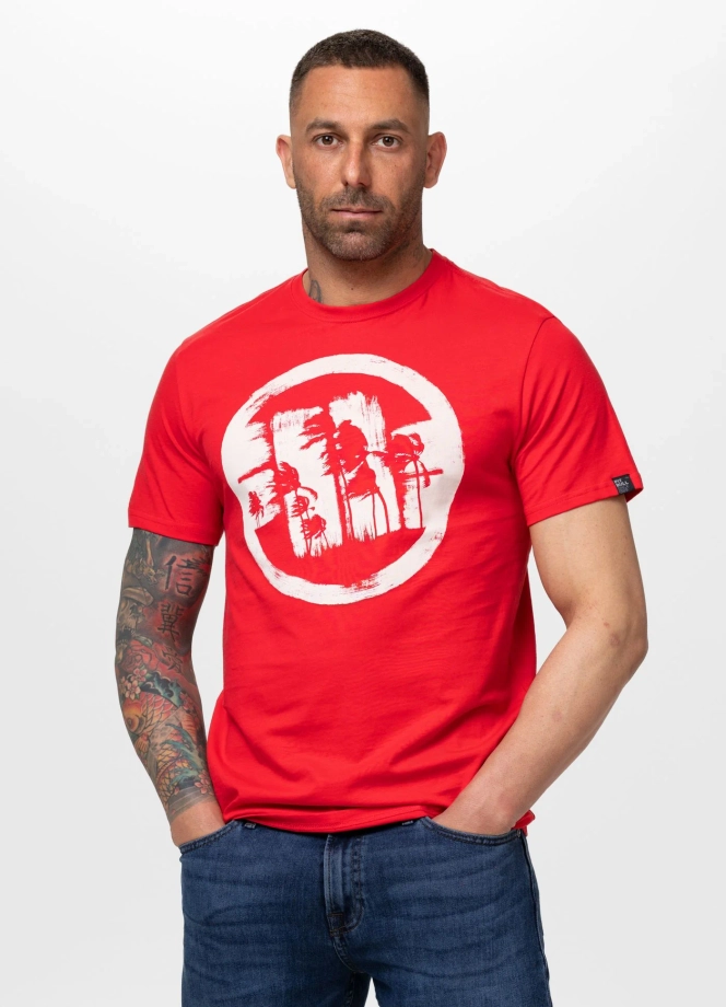 Koszulka męska T-Shirt Pitbull Logo Palms fluo czerwona