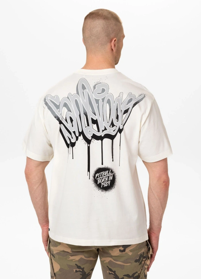 Koszulka męska T-Shirt oversize Pitbull Graffiti Loose Fit biała