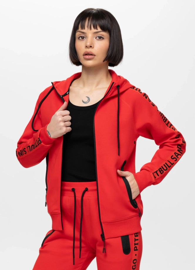Bluza damska rozpinana z kapturem Pitbull Explory Tape fluo czerwona