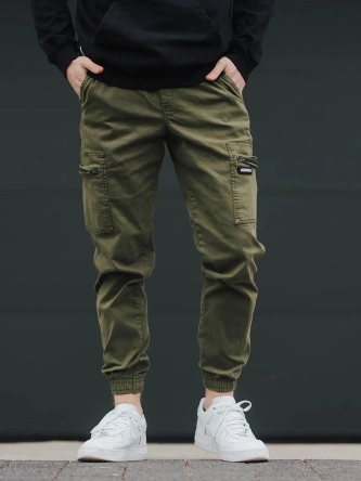 Spodnie męskie Materiałowe Jogger Bojówki Jigga Wear Stripe Zip Cargo zielone