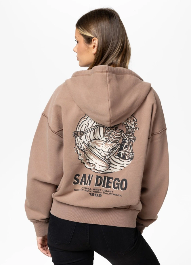 Bluza damska rozpinana z kapturem Pitbull Washed Skull Surf brązowa