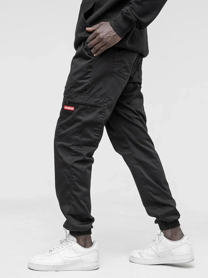 Spodnie Materiałowe Jogger Bojówki Jigga Wear Stripe Zip Cargo black/red czarne