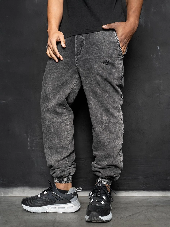 Spodnie męskie Jeans Jogger Jigga Wear Mini Haft Logo Washed sprane czarne