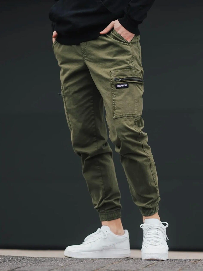 Spodnie męskie Materiałowe Jogger Bojówki Jigga Wear Stripe Zip Cargo zielone