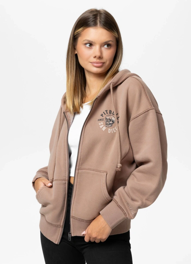 Bluza damska rozpinana z kapturem Pitbull Washed Skull Surf brązowa