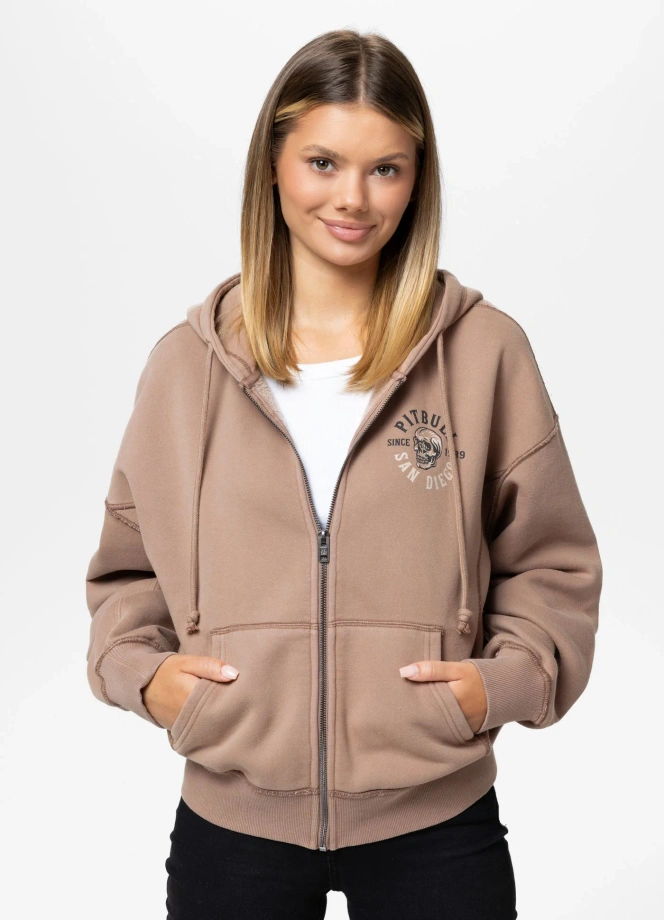Bluza damska rozpinana z kapturem Pitbull Washed Skull Surf brązowa