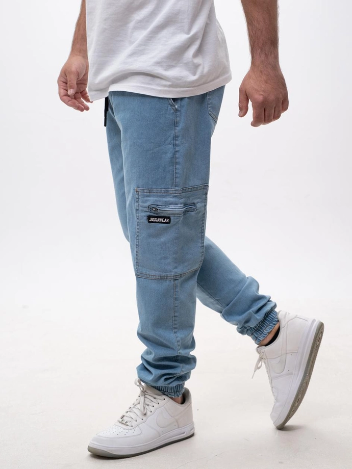 Spodnie męskie Jeans Jogger Bojówki Jigga Wear Stripe Zip Cargo jasno niebieskie